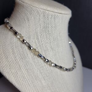 Dainty Faceted Silver Grey and Clear Rondell Crystal Beaded Prom Necklace 18"